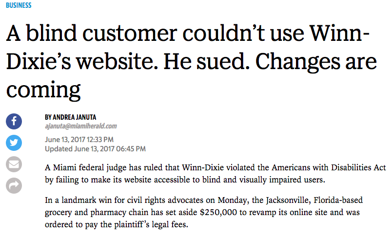 screenshot of Miami Herald article reporting a Winn-Dixie Lawsuit Won by Blind Plaintiffs